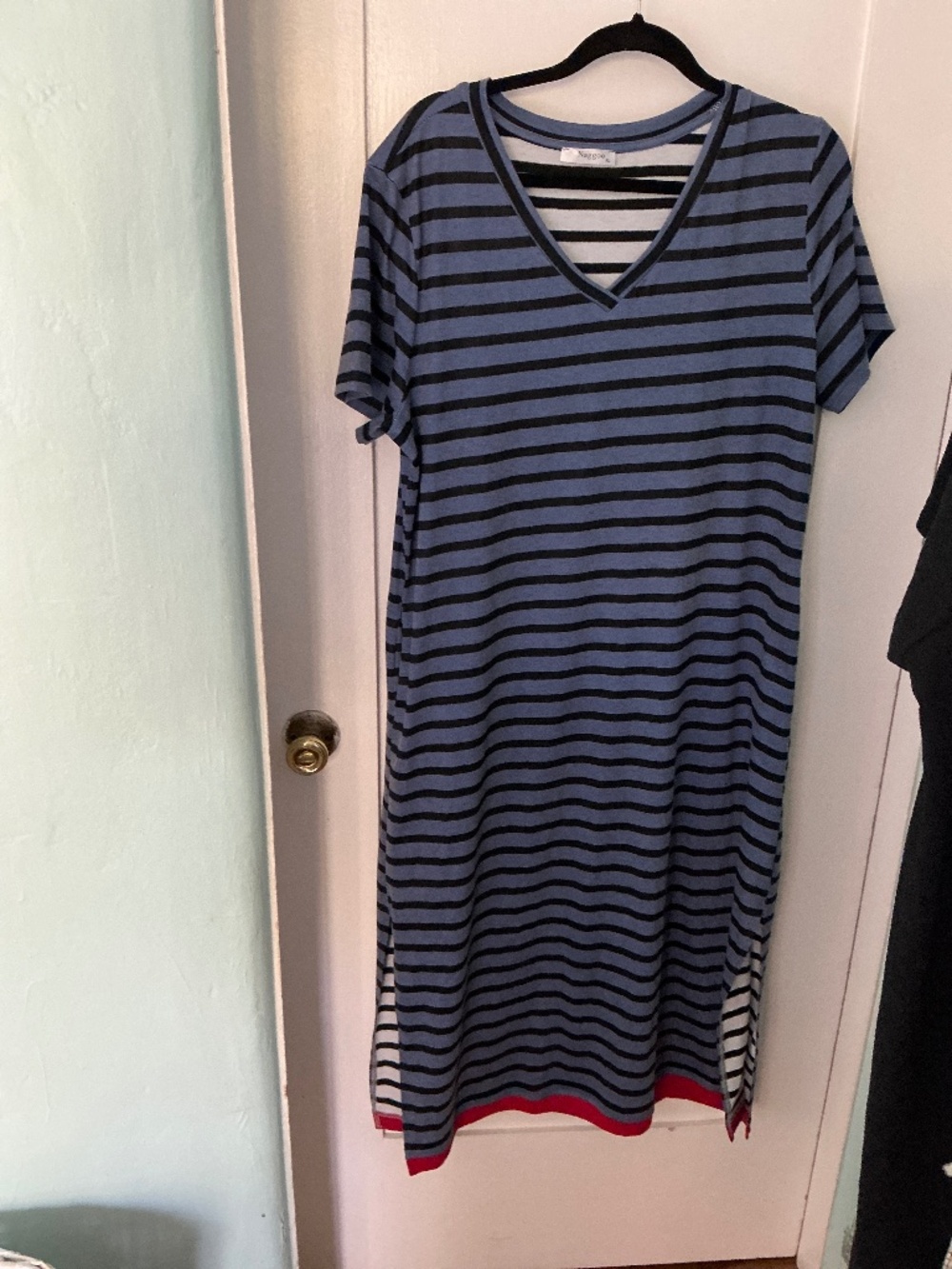 Naggoo Blue & Black Striped V-Neck T-Shirt Dress XL Red Contrast Hem